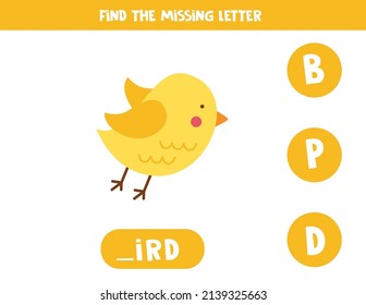 Find missing letter. Cute bird. Educational spelling game for kids.