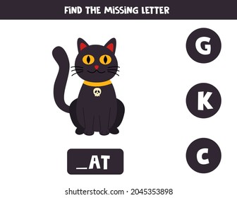 Find missing letter. Cute black cat. Educational spelling game for kids.