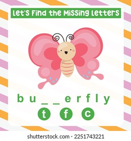 Find the missing letter cute butterfly worksheet for kids learning insects in English. Educational alphabetic game. Printable worksheet for preschool.  Spelling and writing practise page for children.