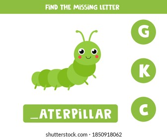 Find missing letter. Cute cartoon caterpillar. Educational spelling game for kids.