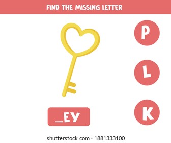 Find missing letter with cute cartoon key. Spelling game for kids.