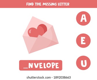 Find missing letter. Cute cartoon valentine envelope with heart. Educational spelling game for kids.