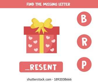 Find missing letter. Cute cartoon valentine present. Educational spelling game for kids.