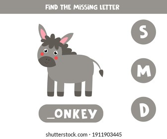 Find missing letter. Cute cartoon donkey. Educational spelling game for kids.