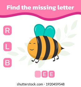 Find the missing letter. Cute cartoon bee. Educational spelling game for kids. Practicing English alphabet. Vector illustration.