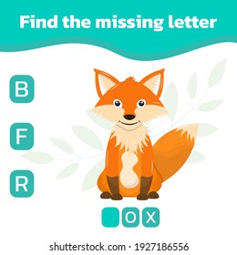 Find the missing letter. Cute cartoon fox. Educational spelling game for kids. English alphabet. Vector illustration.