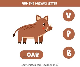 Find missing letter. Cute cartoon boar. Educational spelling game for kids.