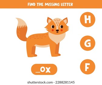 Find missing letter. Cute cartoon fox. Educational spelling game for kids.