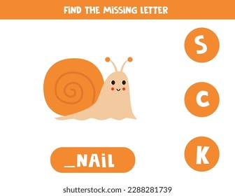 Find missing letter. Cute cartoon snail. Educational spelling game for kids.