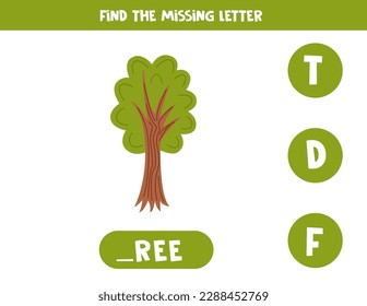 Find missing letter. Cute cartoon tree. Educational spelling game for kids.