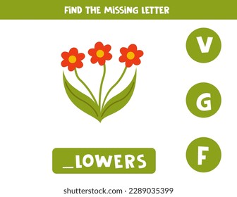 Encontrar la letra que falta. Flores de dibujos animados. Juego educativo de ortografía para niños.