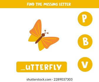 Find missing letter. Cute cartoon butterfly. Educational spelling game for kids.