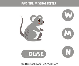 Find missing letter. Cute cartoon mouse. Educational spelling game for kids.