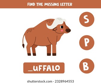 Find missing letter. Cute cartoon buffalo. Educational spelling game for kids.