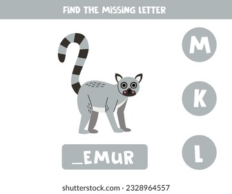 Find missing letter. Cute cartoon lemur. Educational spelling game for kids.