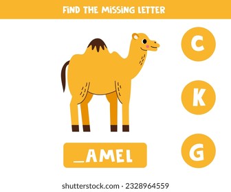 Find missing letter. Cute cartoon camel. Educational spelling game for kids.