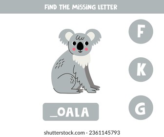 Find missing letter. Cute cartoon koala. Educational spelling game for kids.