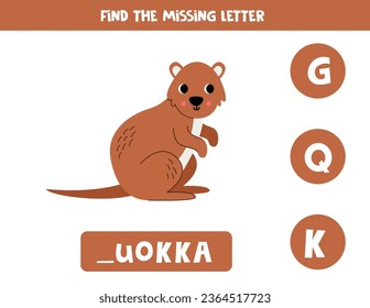 Find missing letter. Cute cartoon quokka. Educational spelling game for kids.