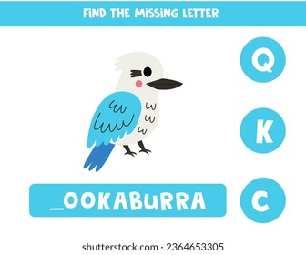 Find missing letter. Cute cartoon kookaburra. Educational spelling game for kids.