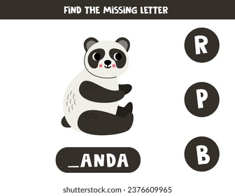 Find missing letter. Cute cartoon panda. Educational spelling game for kids.