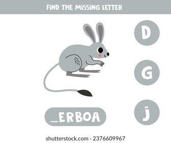 Find missing letter. Cute cartoon jerboa. Educational spelling game for kids.
