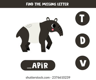 Find missing letter. Cute cartoon tapir. Educational spelling game for kids.