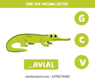 Find missing letter. Cute cartoon gavial. Educational spelling game for kids.