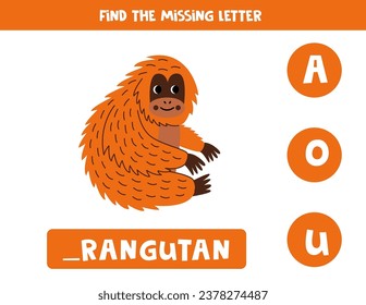 Find missing letter. Cute cartoon orangutan. Educational spelling game for kids.