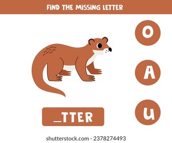 Find missing letter. Cute cartoon otter. Educational spelling game for kids.