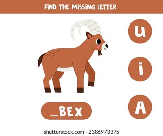 Find missing letter. Cute cartoon ibex. Educational spelling game for kids.