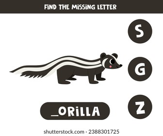 Find missing letter. Cute cartoon zorilla. Educational spelling game for kids.