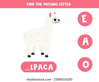Find missing letter. Cute cartoon alpaca. Educational spelling game for kids.