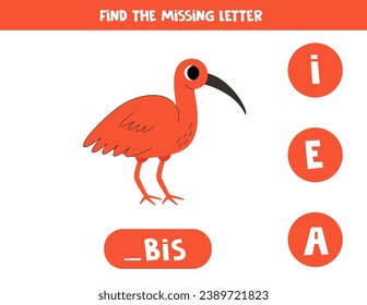 Find missing letter. Cute cartoon ibis. Educational spelling game for kids.