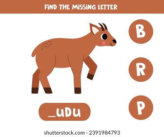 Find missing letter. Cute cartoon brown pudu deer. Educational spelling game for kids.
