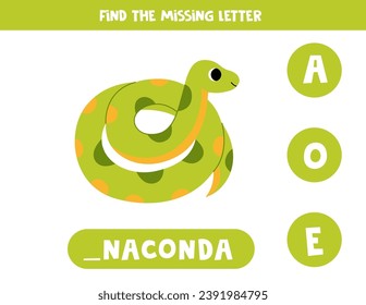 Find missing letter. Cute cartoon green anaconda. Educational spelling game for kids.