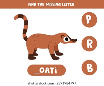 Encontrar la letra que falta. Cuta caricatura de coati marrón. Juego educativo de ortografía para niños.