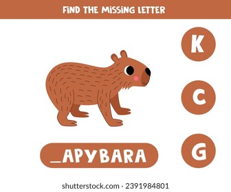 Find missing letter. Cute cartoon brown capybara. Educational spelling game for kids.