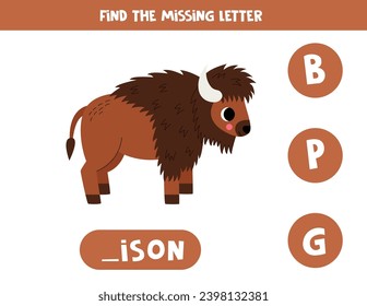 Find missing letter. Cute cartoon bison. Educational spelling game for kids.