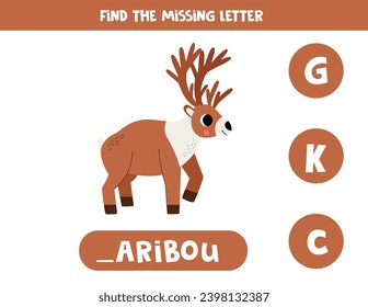 Encontrar la letra que falta. Caribú de dibujos animados. Juego educativo de ortografía para niños.