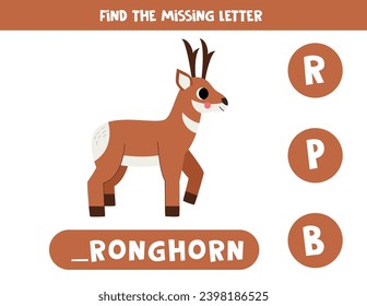 Find missing letter. Cute cartoon pronghorn. Educational spelling game for kids.