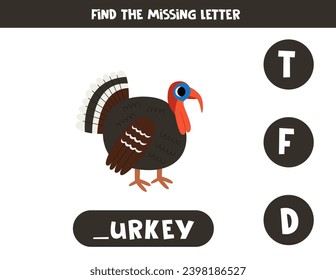 Find missing letter. Cute cartoon turkey. Educational spelling game for kids.