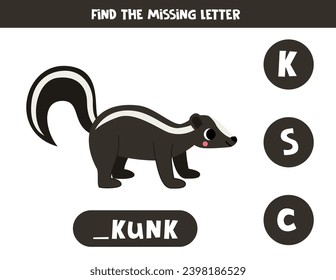 Find missing letter. Cute cartoon skunk. Educational spelling game for kids.