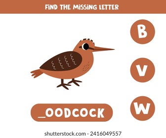 Find missing letter. Cute cartoon woodcock. Educational spelling game for kids.