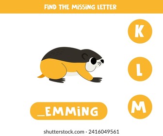 Find missing letter. Cute cartoon lemming. Educational spelling game for kids.