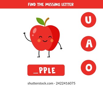 Find missing letter. Cute cartoon kawaii red apple. Educational spelling game for kids.