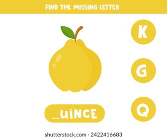 Find missing letter. Cute cartoon yellow quince. Educational spelling game for kids.