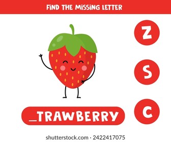 Find missing letter. Cute cartoon kawaii strawberry. Educational spelling game for kids.