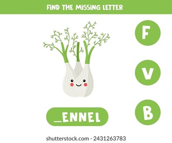 Find missing letter. Cute cartoon kawaii fennel. Educational spelling game for kids.