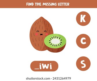 Find missing letter. Cute cartoon kiwi fruit. Educational spelling game for kids.