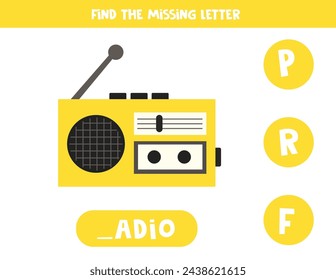 Find missing letter. Cute cartoon radio. Educational spelling game for kids.